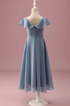 Dusty Blue Chiffon V Neck Wrap Vestido Curto Júnior Madrinha com mangas Flutter