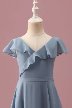 Dusty Blue Chiffon V Neck Wrap Vestido Curto Júnior Madrinha com mangas Flutter