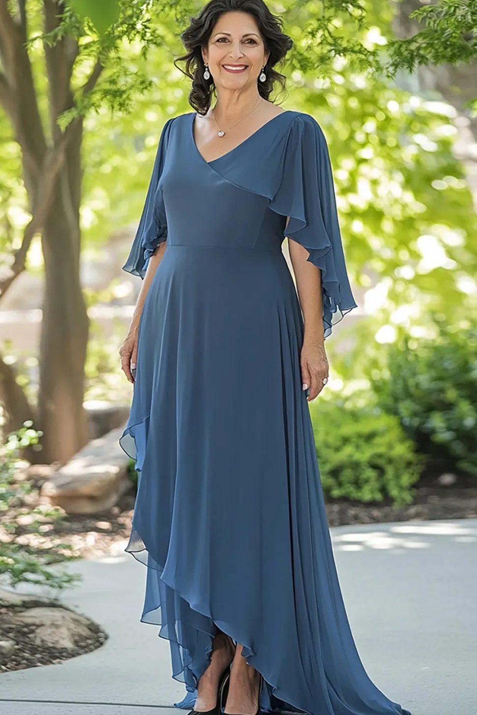 Dusty Blue Chiffon V-neck A-Line Long Mãe do Vestido da Noiva