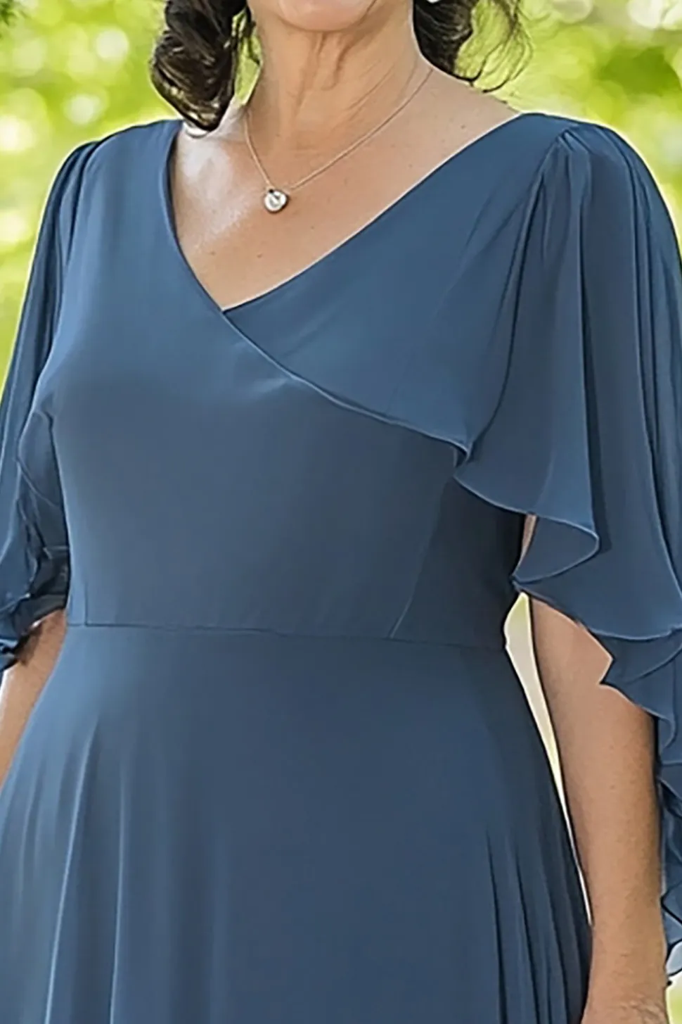 Dusty Blue Chiffon V-neck A-Line Long Mãe do Vestido da Noiva