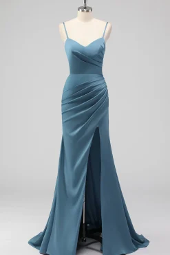 Dusty Blue Espaghetti Correias Sereia Cetim Long Vestido de Dama de Honra com Fenda
