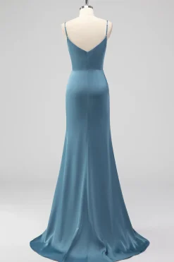 Dusty Blue Espaghetti Correias Sereia Cetim Long Vestido de Dama de Honra com Fenda