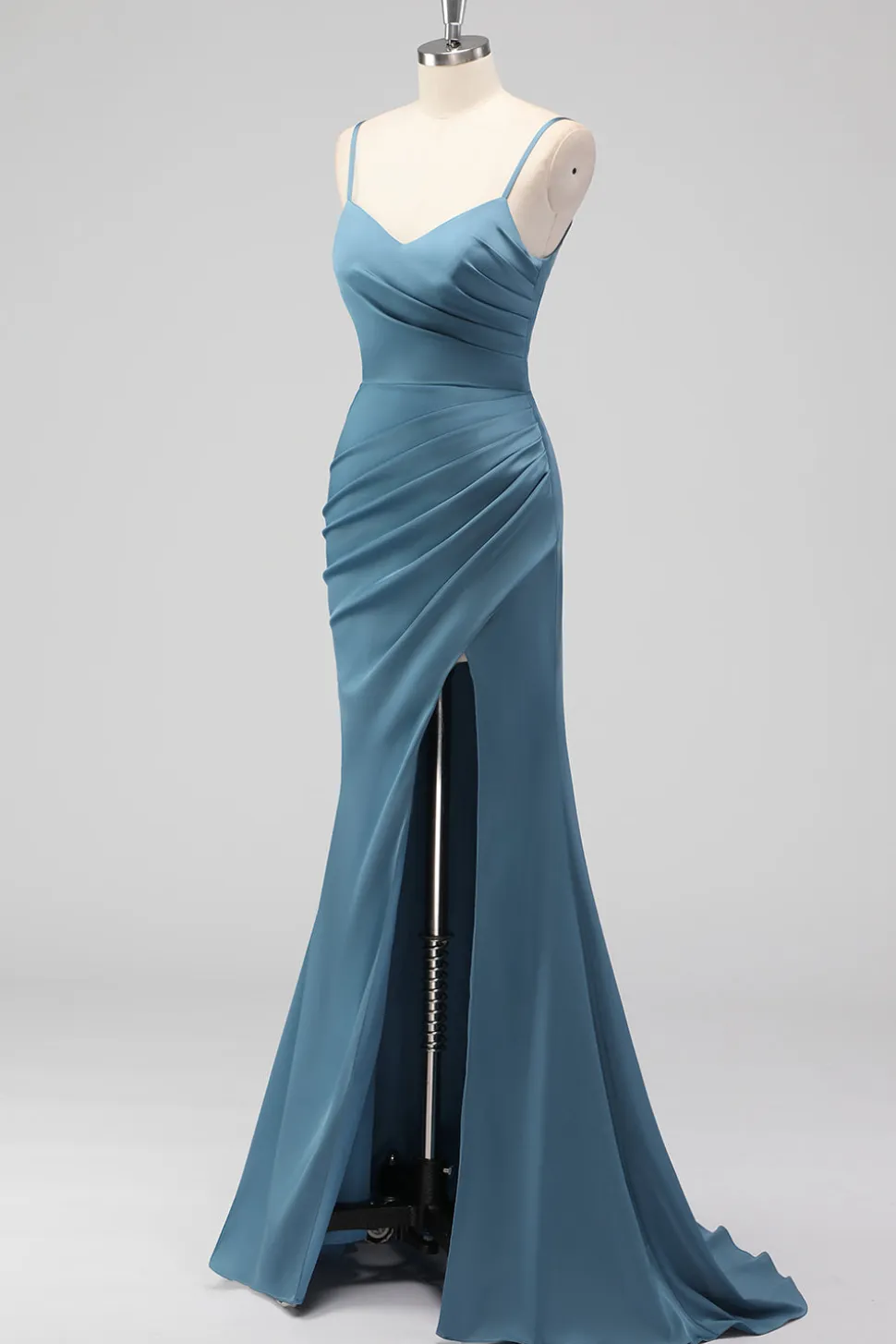 Dusty Blue Espaghetti Correias Sereia Cetim Long Vestido de Dama de Honra com Fenda