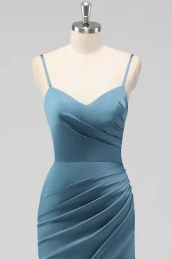 Dusty Blue Espaghetti Correias Sereia Cetim Long Vestido de Dama de Honra com Fenda