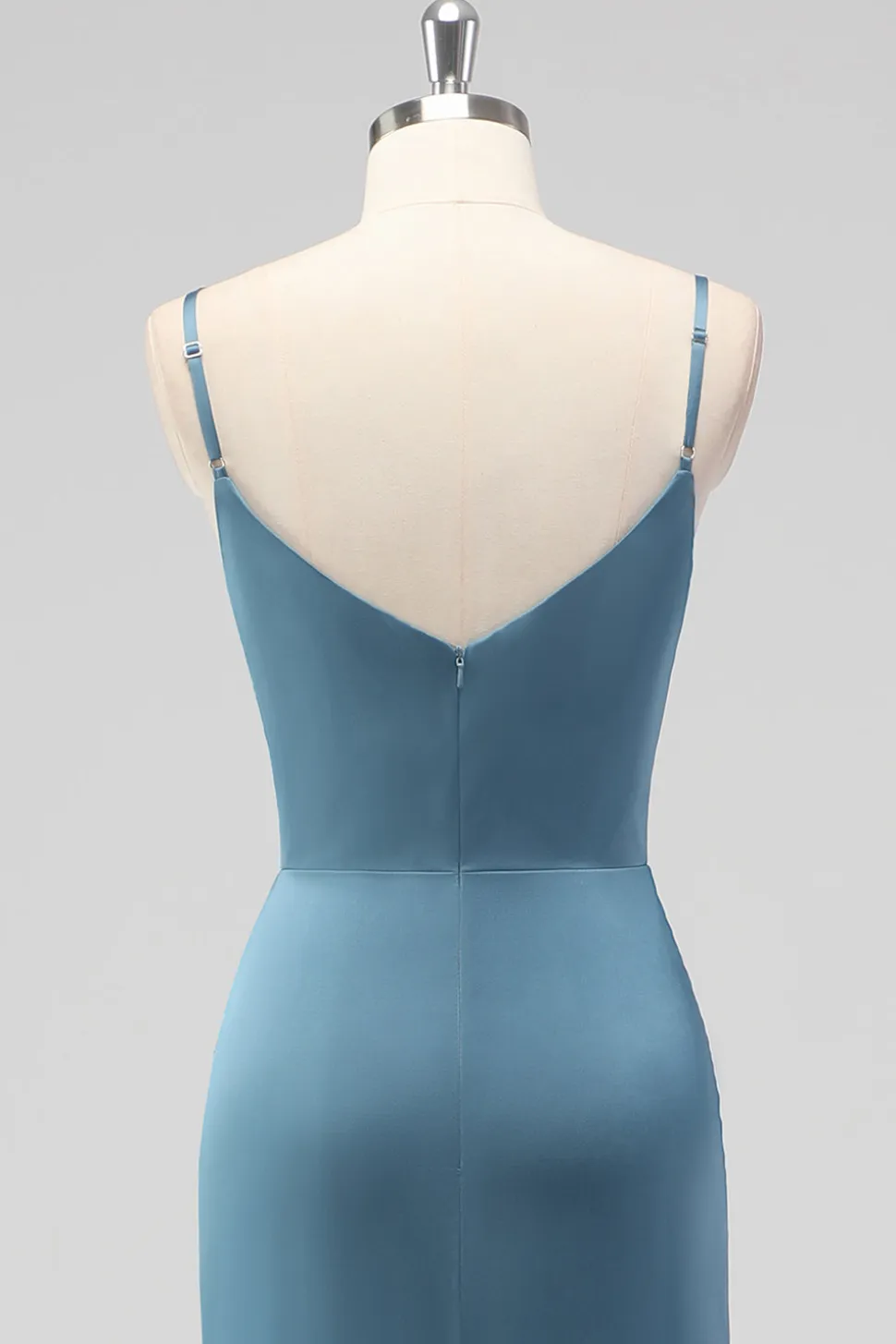 Dusty Blue Espaghetti Correias Sereia Cetim Long Vestido de Dama de Honra com Fenda