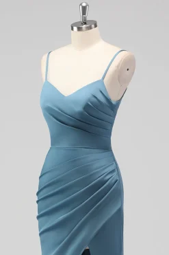 Dusty Blue Espaghetti Correias Sereia Cetim Long Vestido de Dama de Honra com Fenda