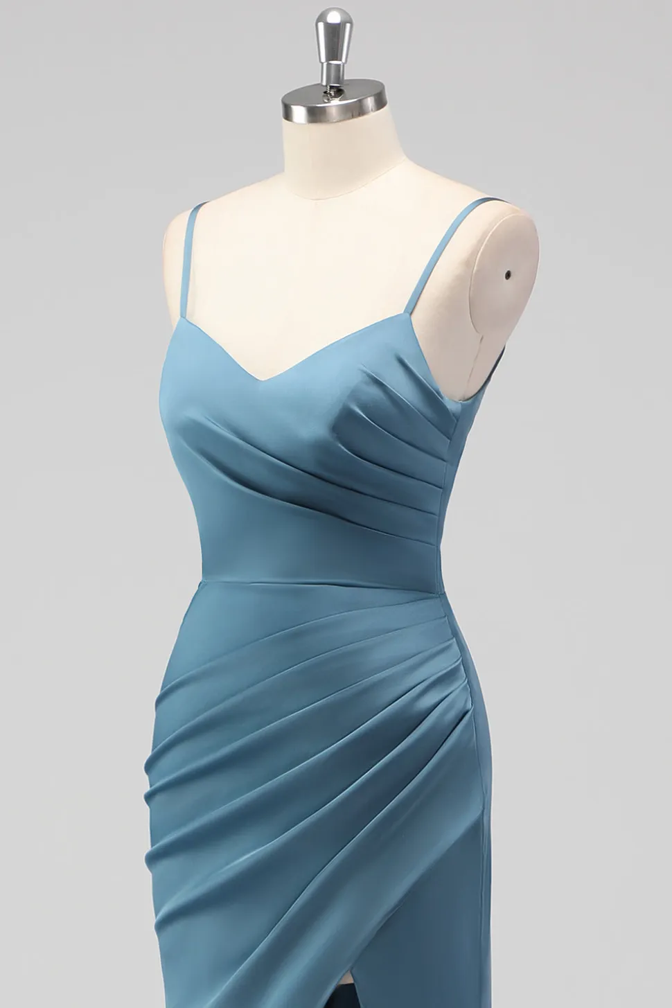 Dusty Blue Espaghetti Correias Sereia Cetim Long Vestido de Dama de Honra com Fenda