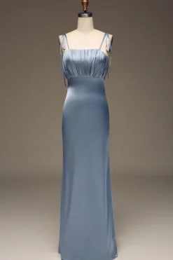 Dusty Blue Espaghetti Correias Bainha Cetim Vestido de Dama de Honra plissado