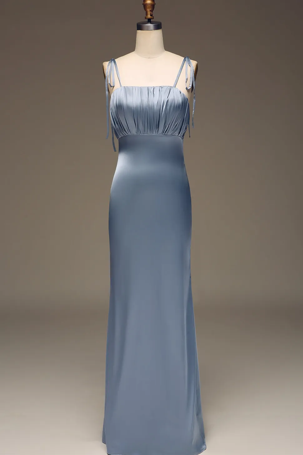 Dusty Blue Espaghetti Correias Bainha Cetim Vestido de Dama de Honra plissado