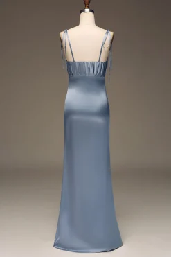 Dusty Blue Espaghetti Correias Bainha Cetim Vestido de Dama de Honra plissado