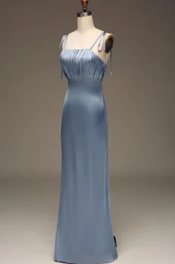 Dusty Blue Espaghetti Correias Bainha Cetim Vestido de Dama de Honra plissado