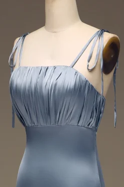 Dusty Blue Espaghetti Correias Bainha Cetim Vestido de Dama de Honra plissado
