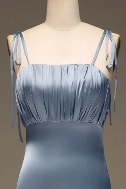 Dusty Blue Espaghetti Correias Bainha Cetim Vestido de Dama de Honra plissado