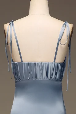 Dusty Blue Espaghetti Correias Bainha Cetim Vestido de Dama de Honra plissado