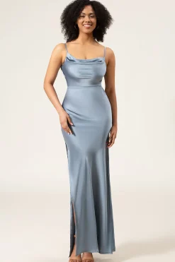 Dusty Blue Espaghetti Correias Bainha Cetim Long Vestido Madrinha