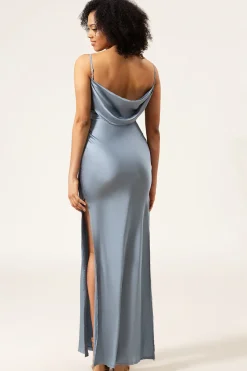 Dusty Blue Espaghetti Correias Bainha Cetim Long Vestido Madrinha