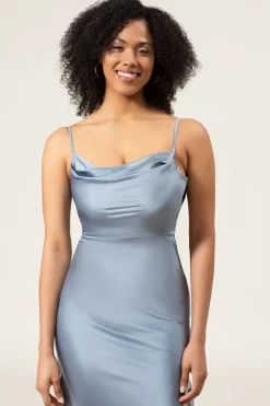 Dusty Blue Espaghetti Correias Bainha Cetim Long Vestido Madrinha