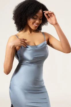 Dusty Blue Espaghetti Correias Bainha Cetim Long Vestido Madrinha