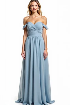 Dusty Blue fora do ombro Ruched longo vestido de dama de honra