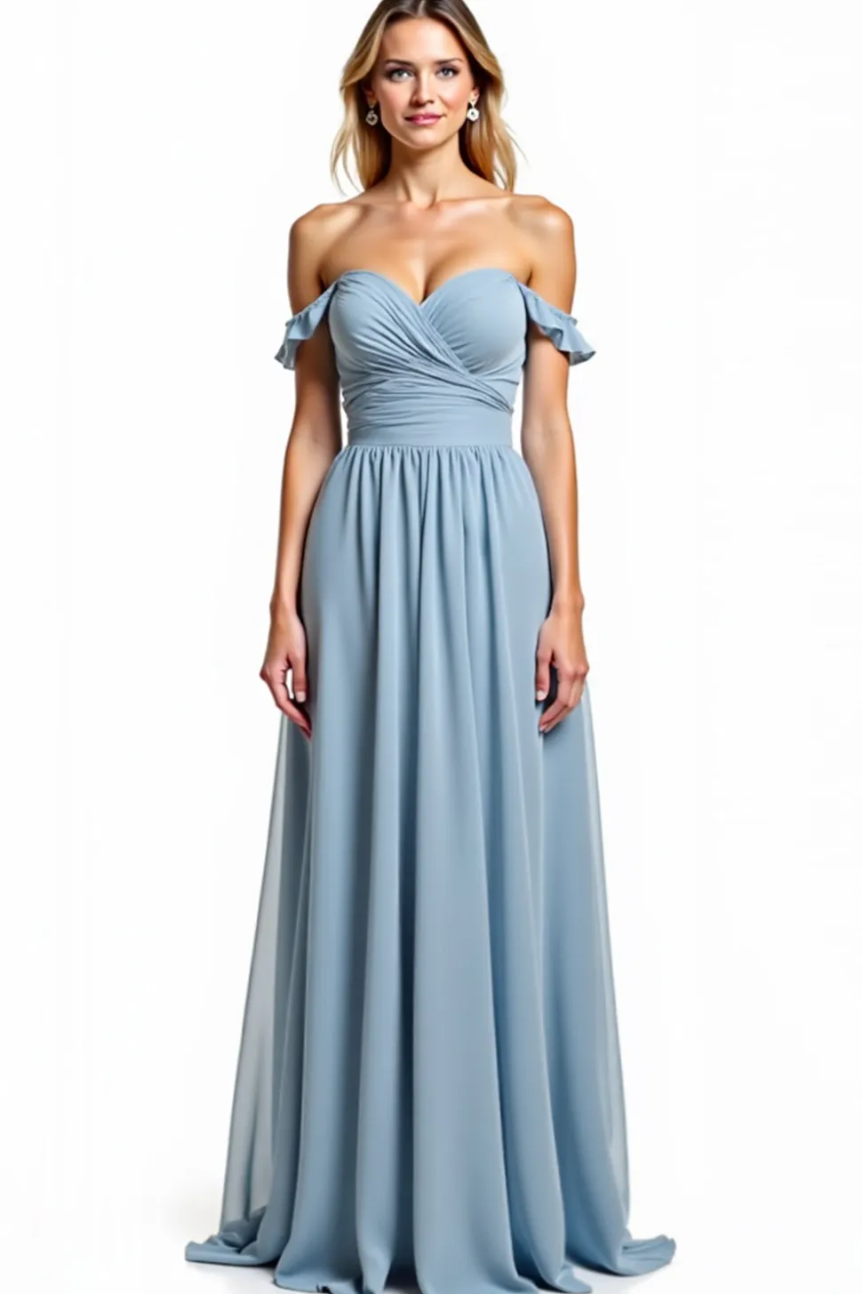 Dusty Blue fora do ombro Ruched longo vestido de dama de honra