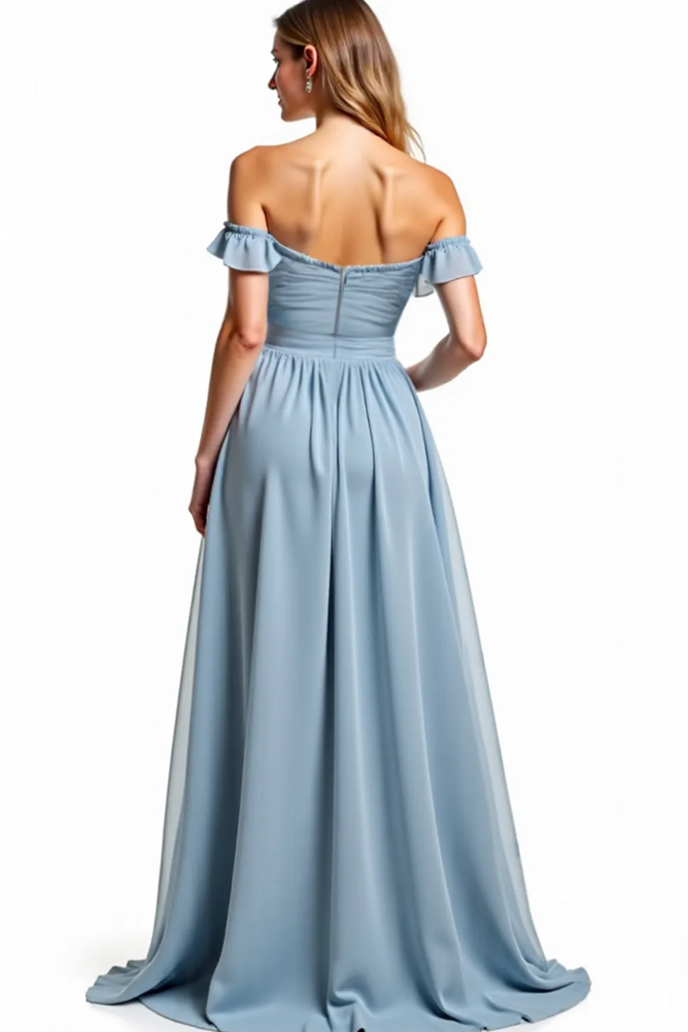 Dusty Blue fora do ombro Ruched longo vestido de dama de honra