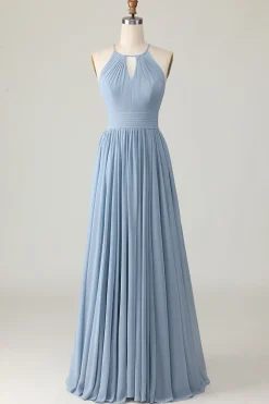 Dusty Blue Halter Chiffon Ruched Long Vestido de Madrinha com Keyholes