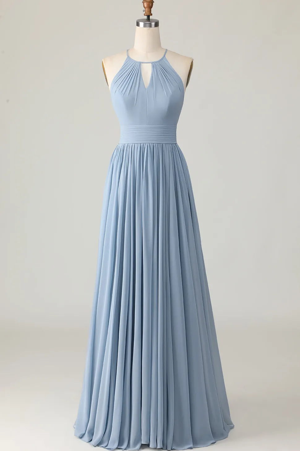 Dusty Blue Halter Chiffon Ruched Long Vestido de Madrinha com Keyholes