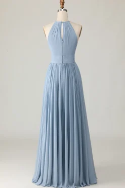Dusty Blue Halter Chiffon Ruched Long Vestido de Madrinha com Keyholes