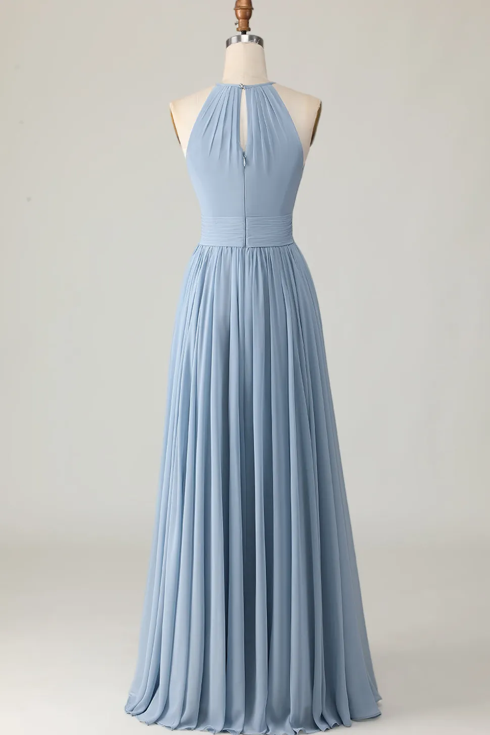 Dusty Blue Halter Chiffon Ruched Long Vestido de Madrinha com Keyholes