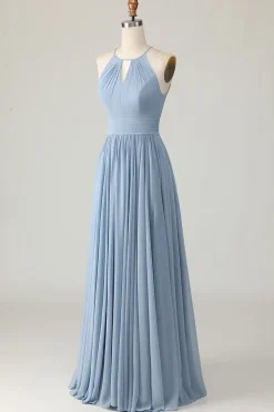 Dusty Blue Halter Chiffon Ruched Long Vestido de Madrinha com Keyholes