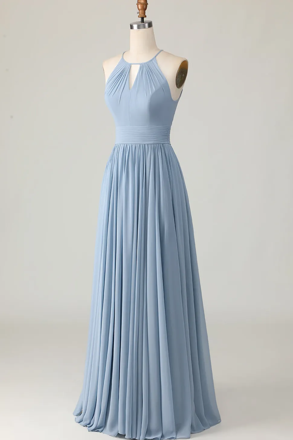 Dusty Blue Halter Chiffon Ruched Long Vestido de Madrinha com Keyholes