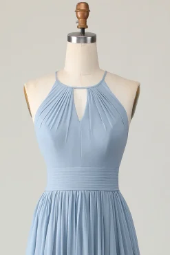 Dusty Blue Halter Chiffon Ruched Long Vestido de Madrinha com Keyholes