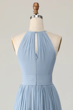 Dusty Blue Halter Chiffon Ruched Long Vestido de Madrinha com Keyholes