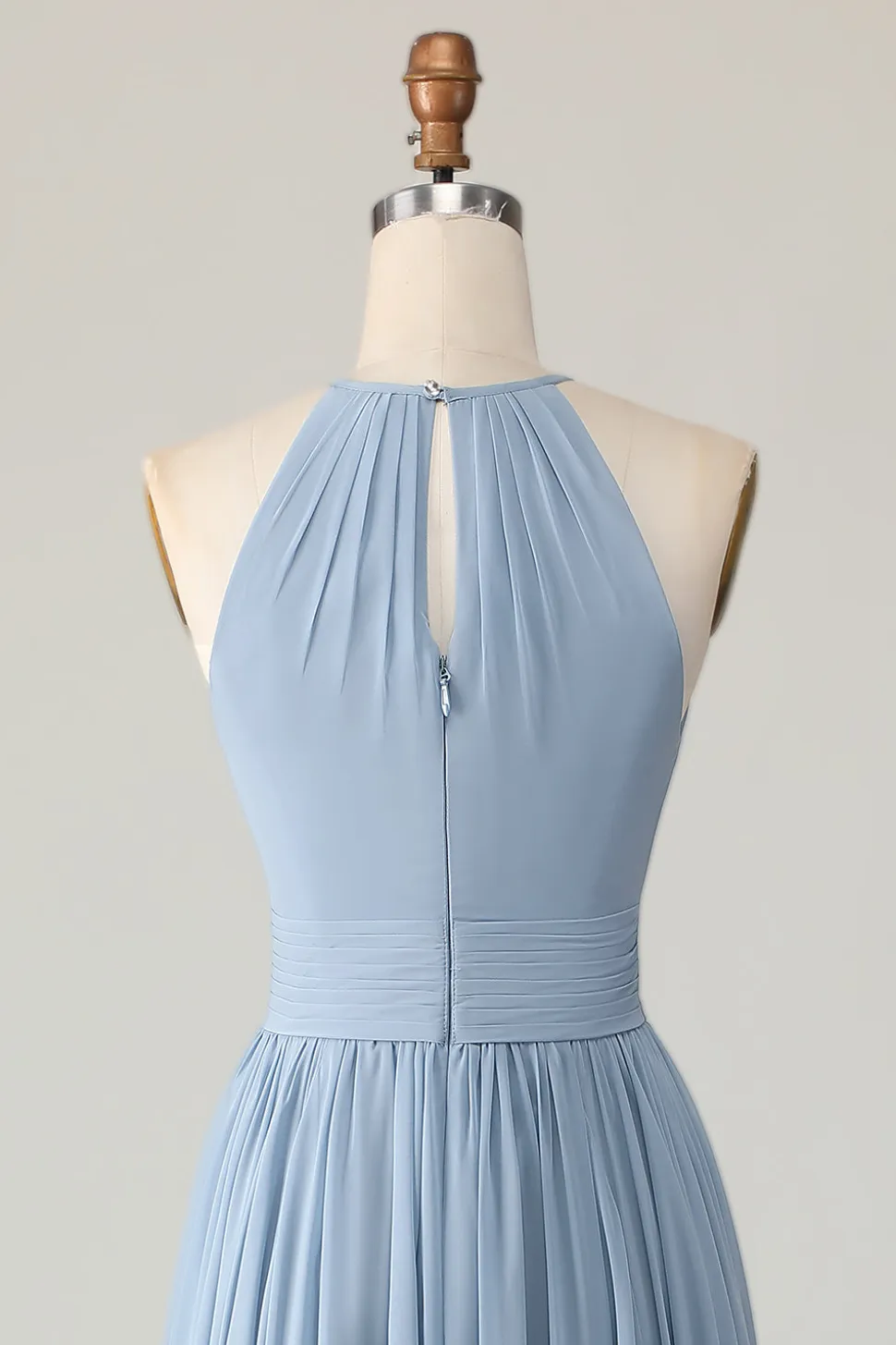Dusty Blue Halter Chiffon Ruched Long Vestido de Madrinha com Keyholes