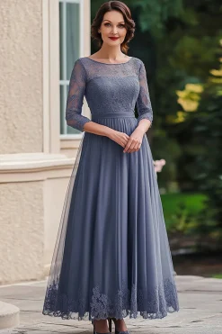 Dusty Blue Lace 3/4 mangas mãe do vestido da noiva com renda