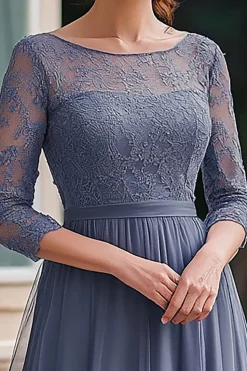 Dusty Blue Lace 3/4 mangas mãe do vestido da noiva com renda
