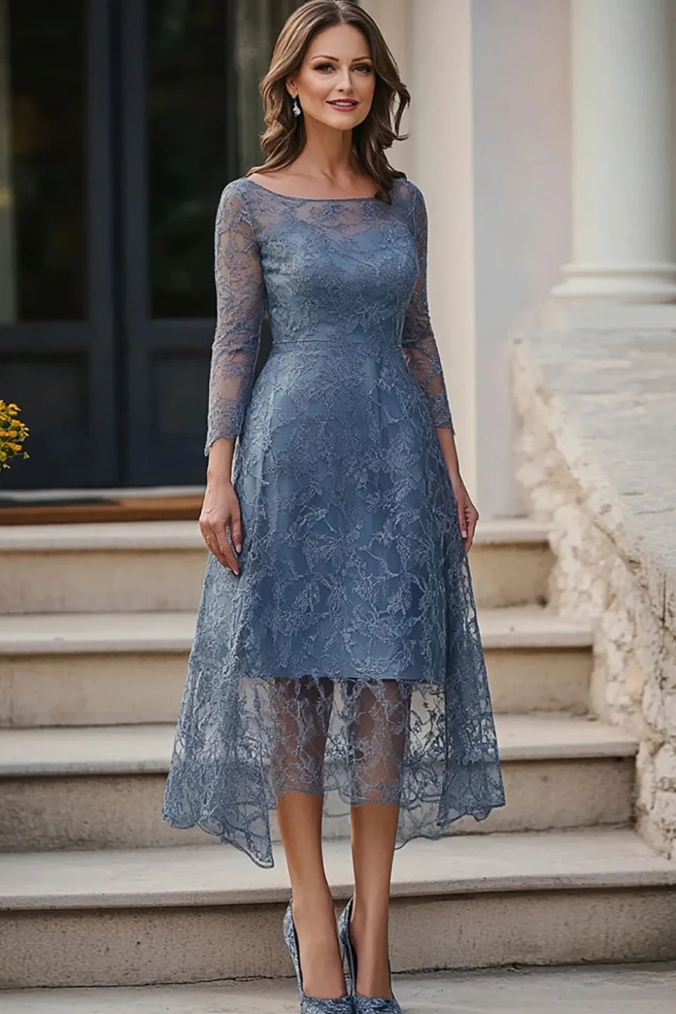 Dusty Blue Lace A-Line mangas compridas Midi Mãe do vestido da noiva