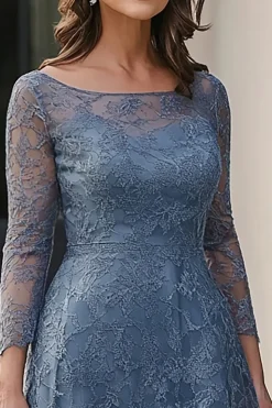 Dusty Blue Lace A-Line mangas compridas Midi Mãe do vestido da noiva