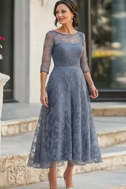 Dusty Blue Lace A-Line Meia Mangas Chá Comprimento Mãe do Vestido da Noiva