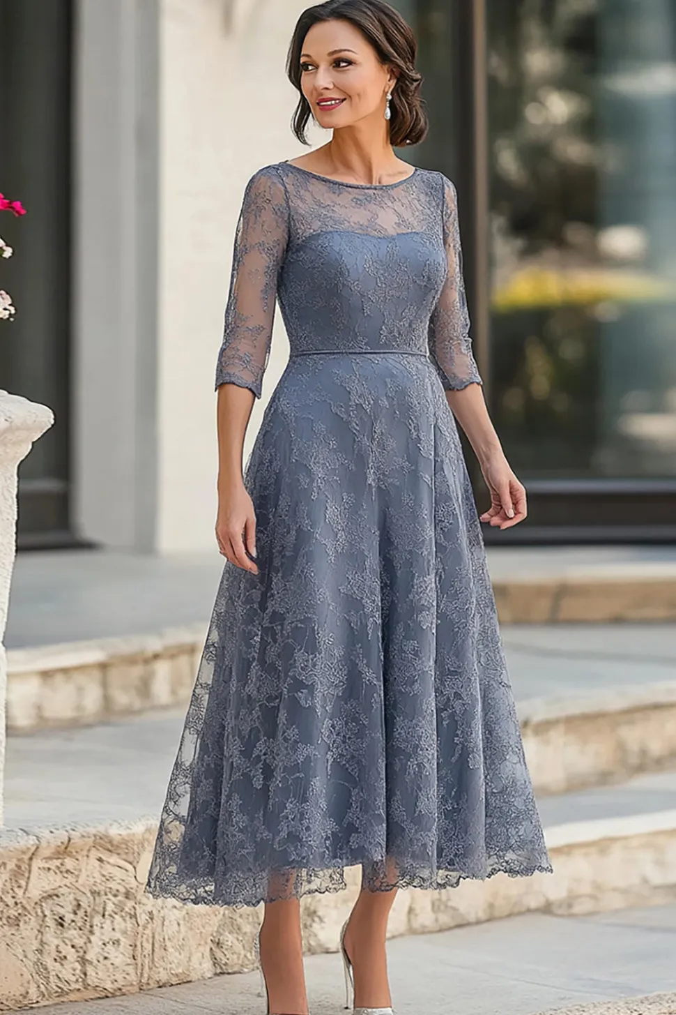 Dusty Blue Lace A-Line Meia Mangas Chá Comprimento Mãe do Vestido da Noiva