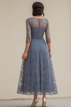 Dusty Blue Lace A-Line Meia Mangas Chá Comprimento Mãe do Vestido da Noiva