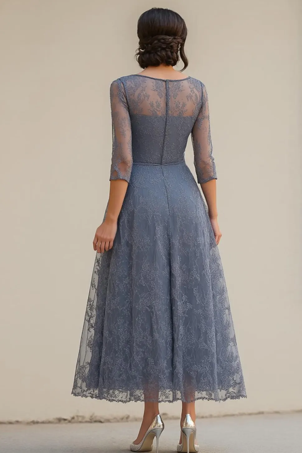 Dusty Blue Lace A-Line Meia Mangas Chá Comprimento Mãe do Vestido da Noiva