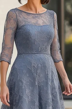 Dusty Blue Lace A-Line Meia Mangas Chá Comprimento Mãe do Vestido da Noiva