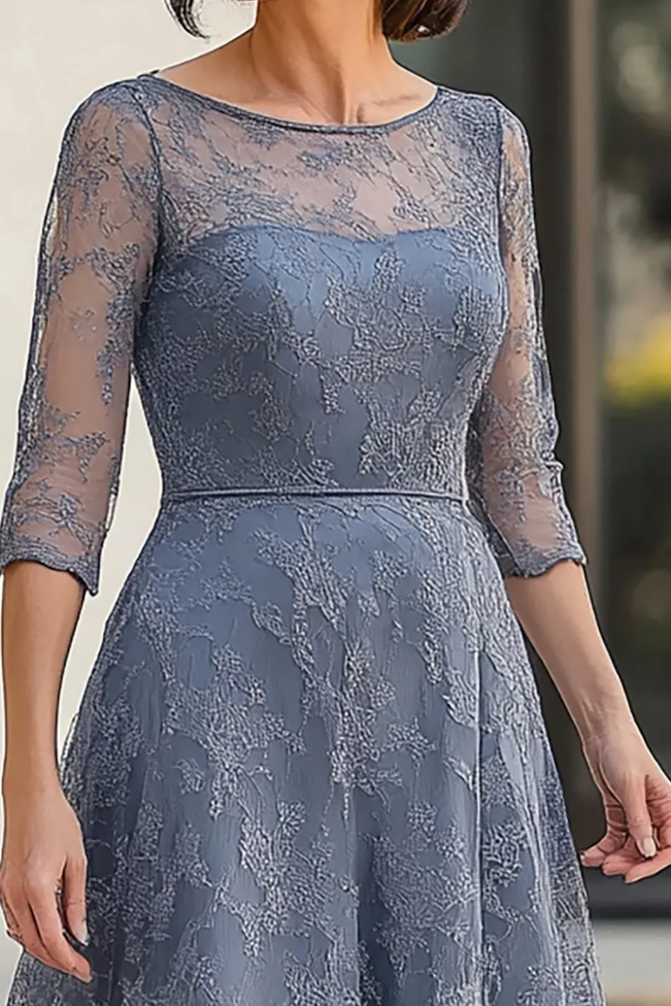 Dusty Blue Lace A-Line Meia Mangas Chá Comprimento Mãe do Vestido da Noiva