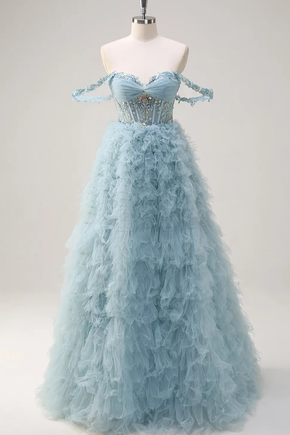 Dusty Blue Princess Fora do Ombro Sheer Corset Long Prom Dress com Folhos