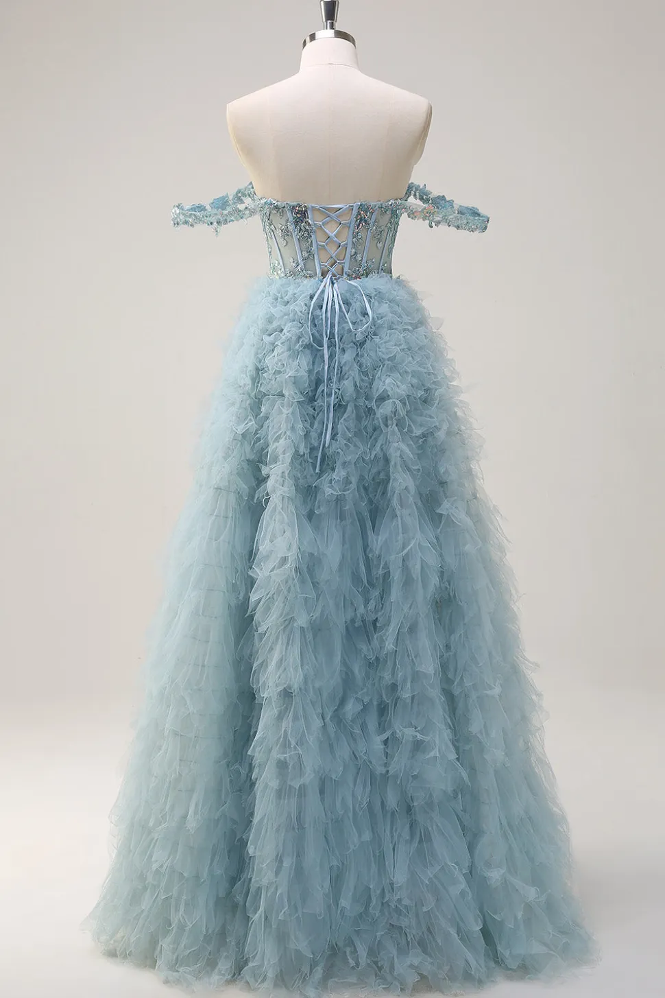 Dusty Blue Princess Fora do Ombro Sheer Corset Long Prom Dress com Folhos
