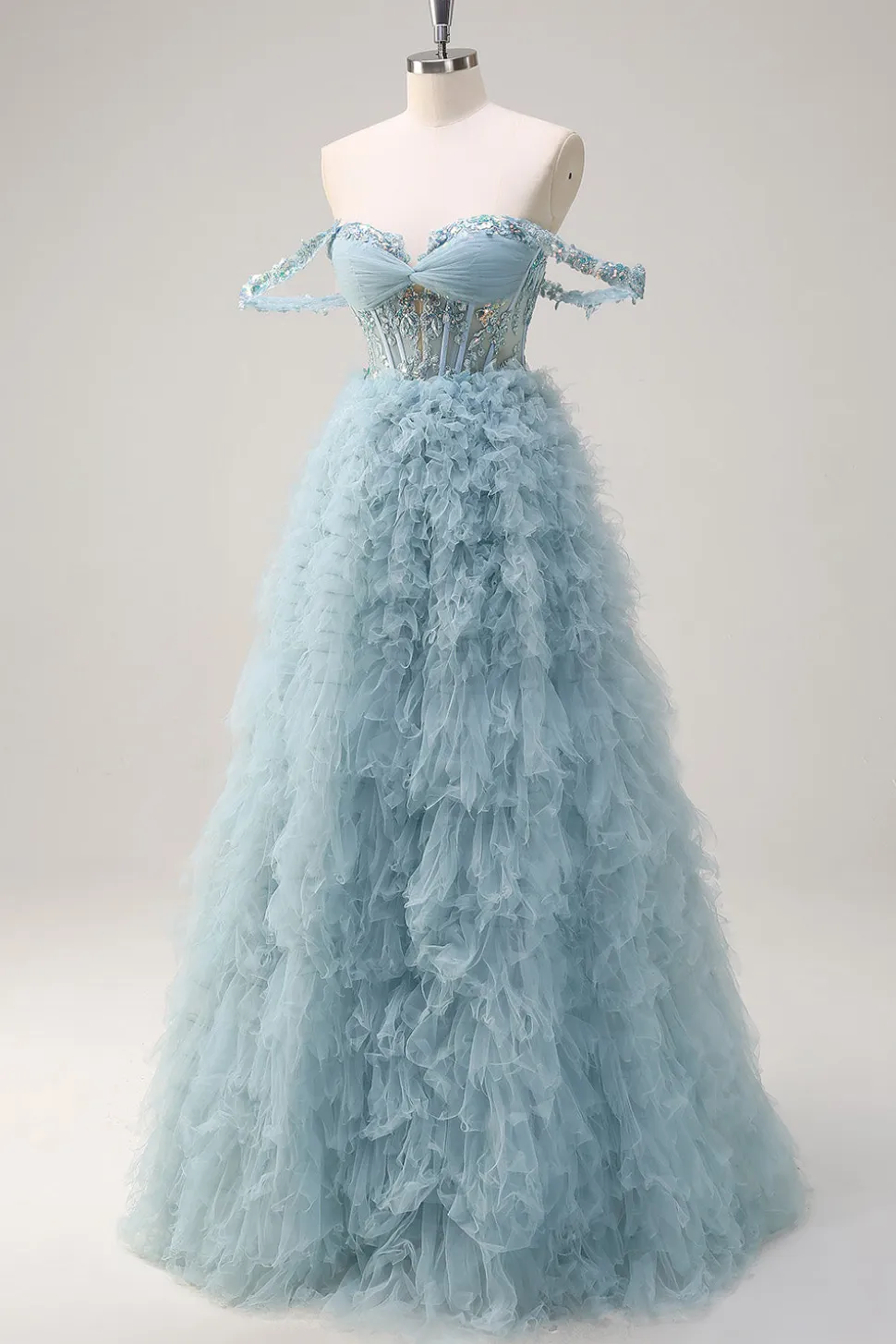 Dusty Blue Princess Fora do Ombro Sheer Corset Long Prom Dress com Folhos