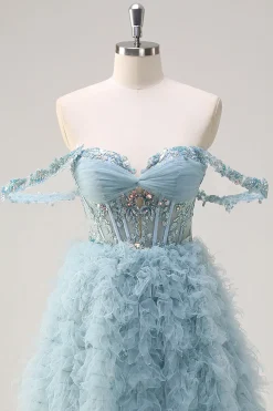 Dusty Blue Princess Fora do Ombro Sheer Corset Long Prom Dress com Folhos