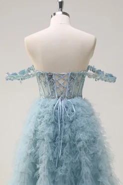 Dusty Blue Princess Fora do Ombro Sheer Corset Long Prom Dress com Folhos