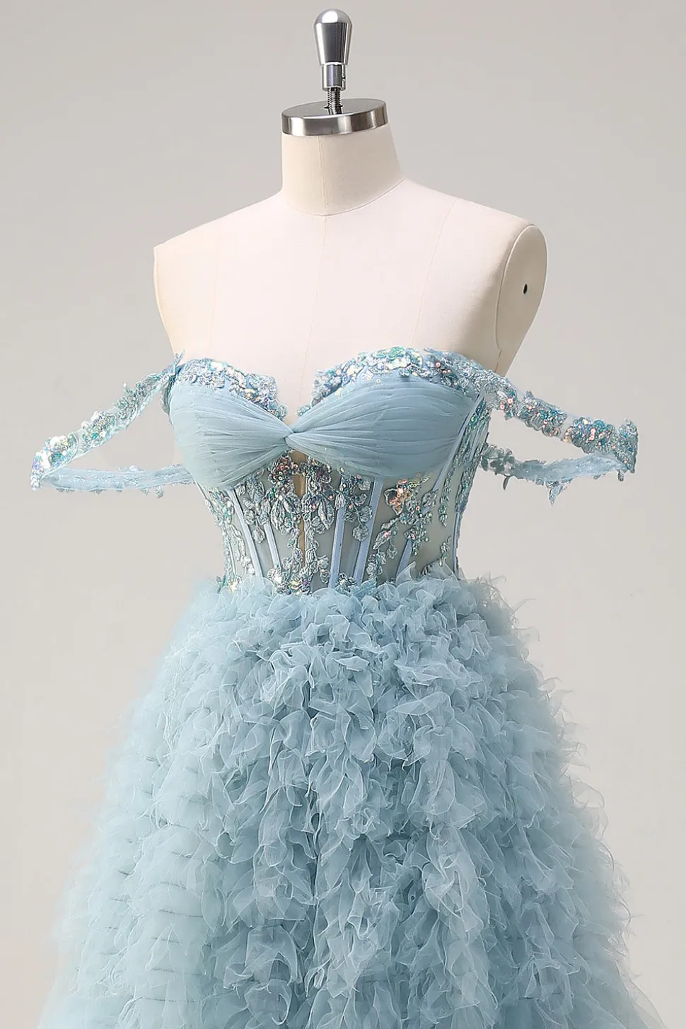 Dusty Blue Princess Fora do Ombro Sheer Corset Long Prom Dress com Folhos
